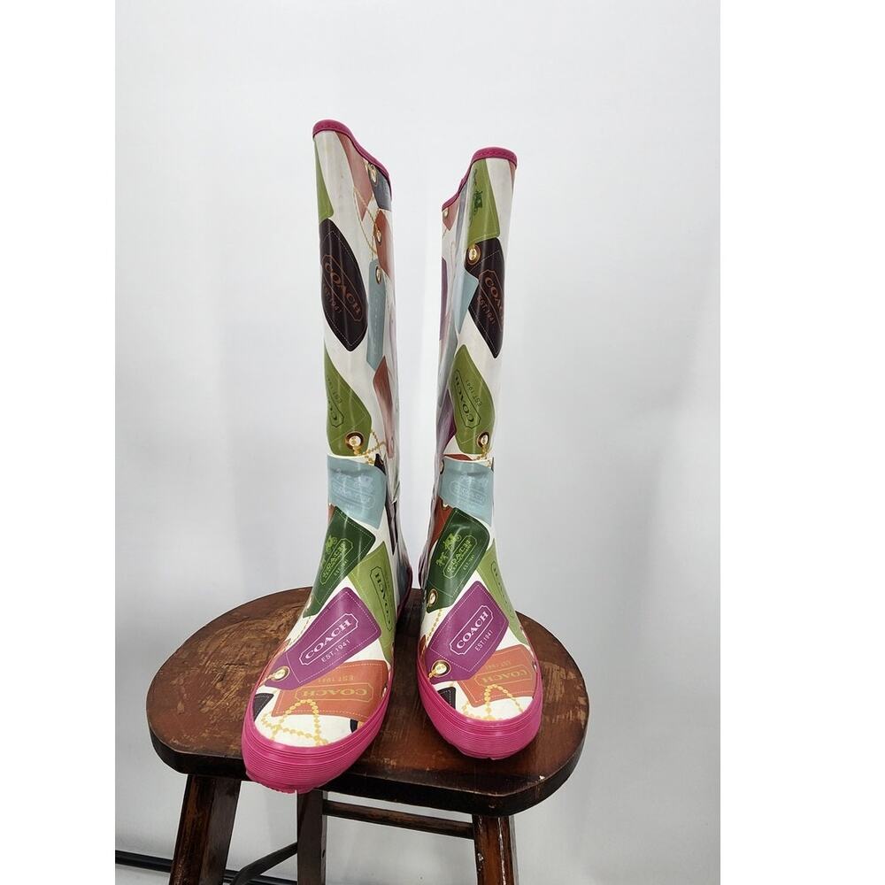 Coach Pammie Rain Boots Hang Tag Charm Size 7 Multicolor Tall Waterproof - Picture 3 of 8